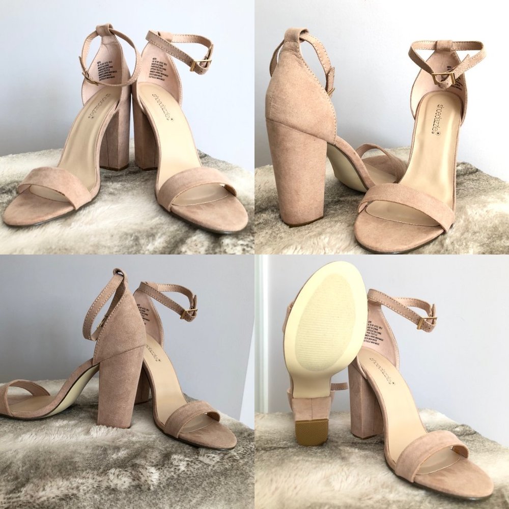 Blush heels with ankle straps, open toe, Size 8.